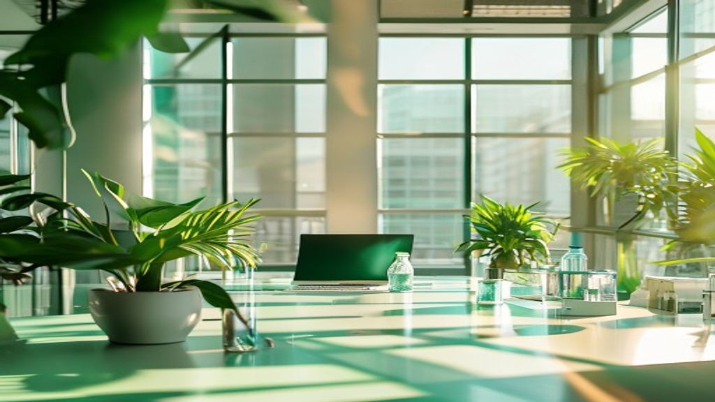 Bright modern workspace with morning sunlight streaming through large windows