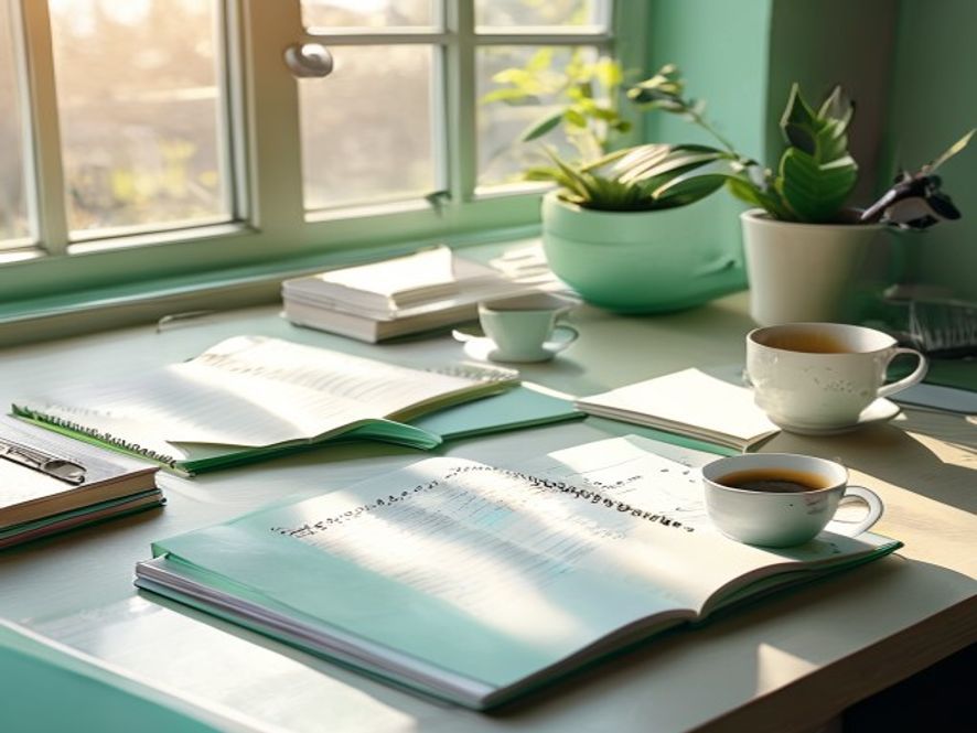 Organised workspace with planning notebooks and activity tracking materials in natural daylight